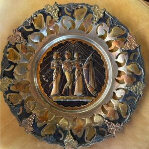 Vintage Elegant Egyptian Hand Etched Bronze and Gold Decorative Plate